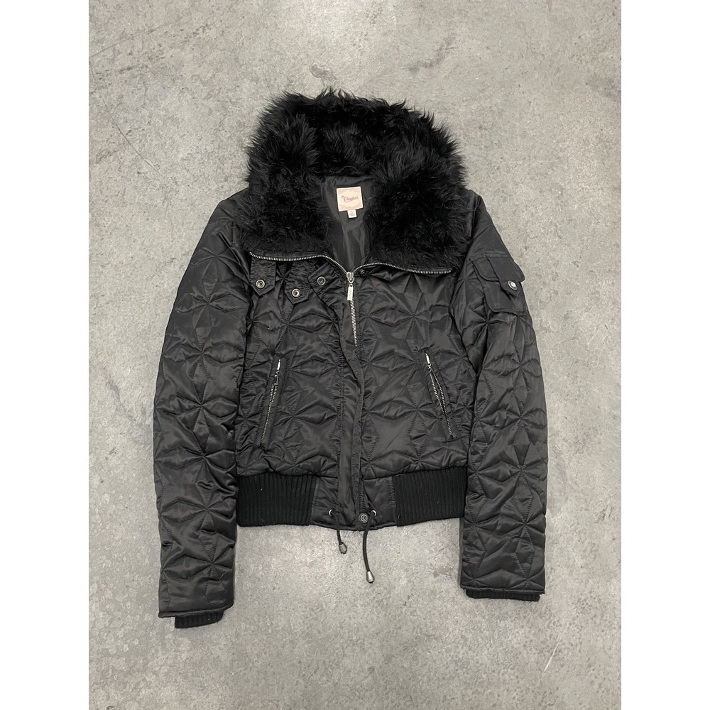 Candie's Women Black Quilted Puffer Jacket Faux Fur Collar Small Vintage Coat